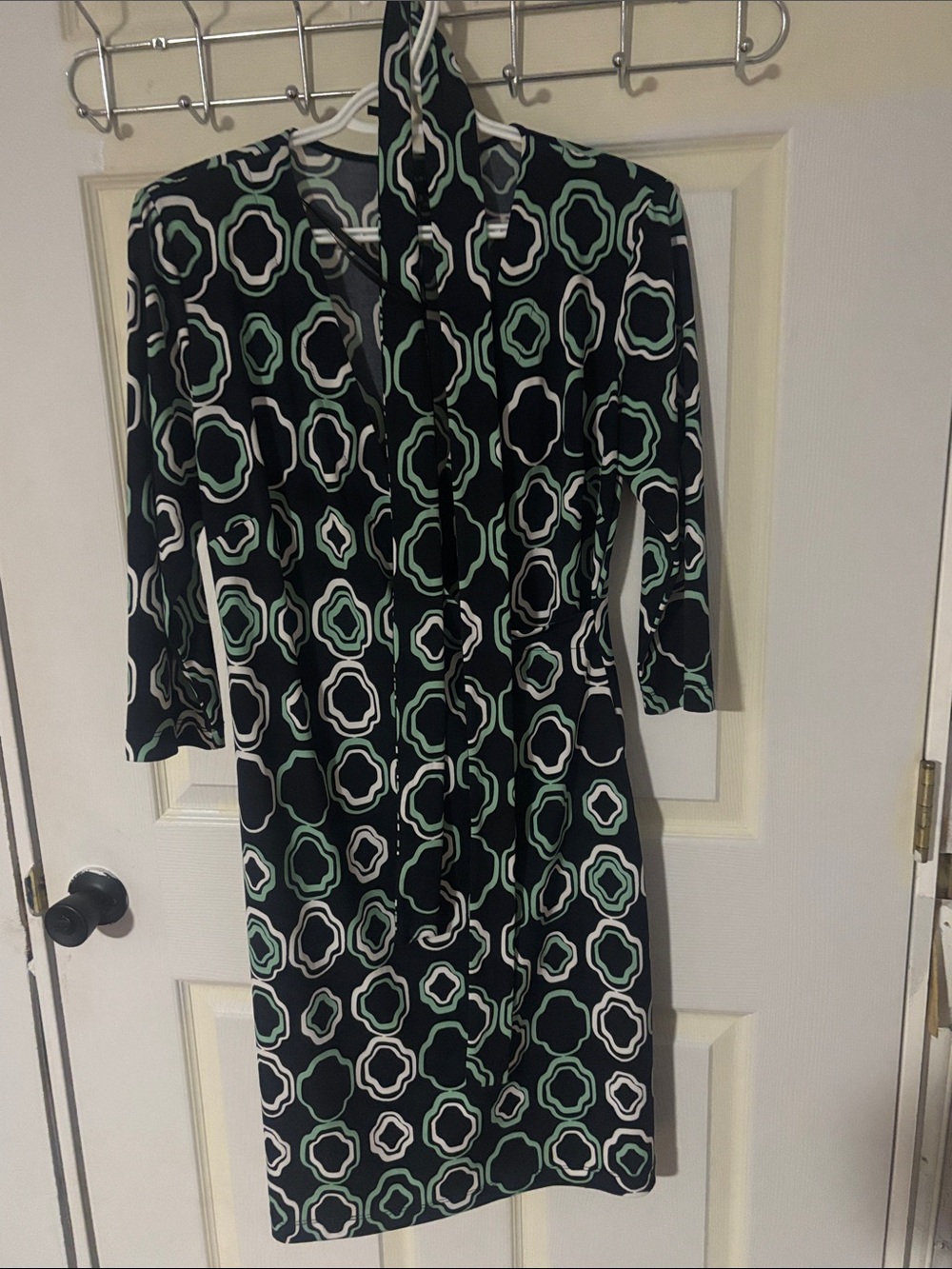 AB Studio Navy Geometric Print Midi Dress with Mint and White Accents